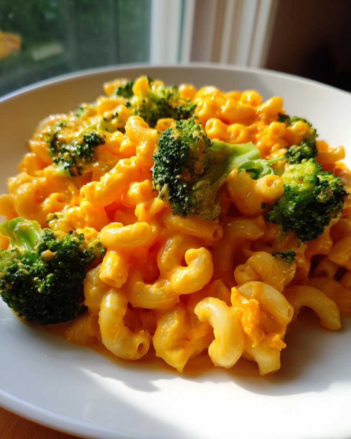 A close-up of creamy Copycat Café Broccoli Cheddar Mac served in a white bowl, topped with bright green broccoli florets.
