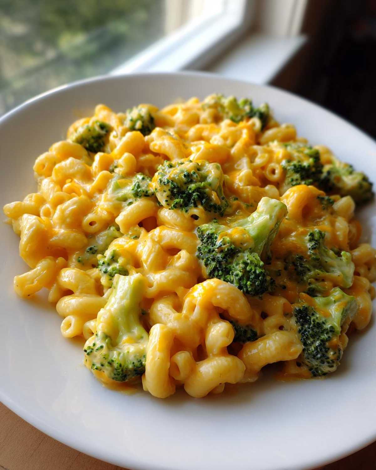 A close-up of a white bowl filled with creamy Copycat Café Broccoli Cheddar Mac and cheese mixed with bright green broccoli florets.