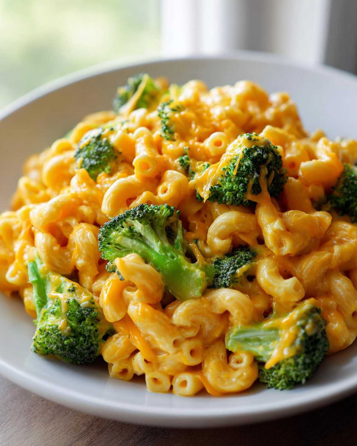 A close-up shot of creamy Copycat Café Broccoli Cheddar Mac served in a white bowl, featuring elbow macaroni coated in orange cheese sauce and bright green broccoli florets.