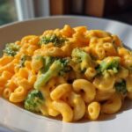 Close-up of creamy Copycat Café Broccoli Cheddar Mac served in a white bowl, featuring elbow macaroni and bright green broccoli florets.
