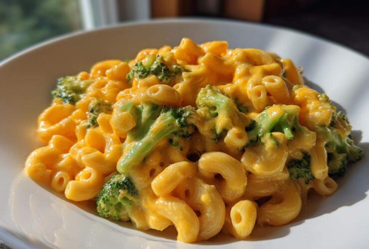 Close-up of creamy Copycat Café Broccoli Cheddar Mac served in a white bowl, featuring elbow macaroni and bright green broccoli florets.