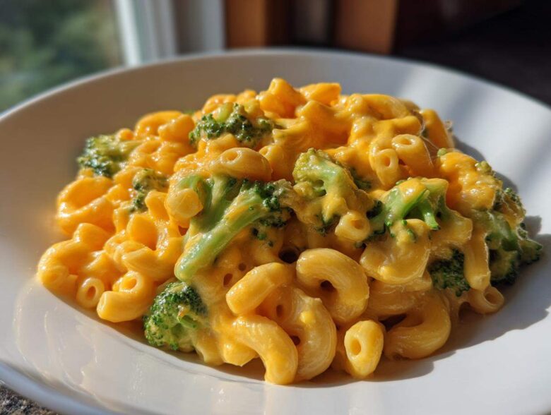 Close-up of creamy Copycat Café Broccoli Cheddar Mac served in a white bowl, featuring elbow macaroni and bright green broccoli florets.