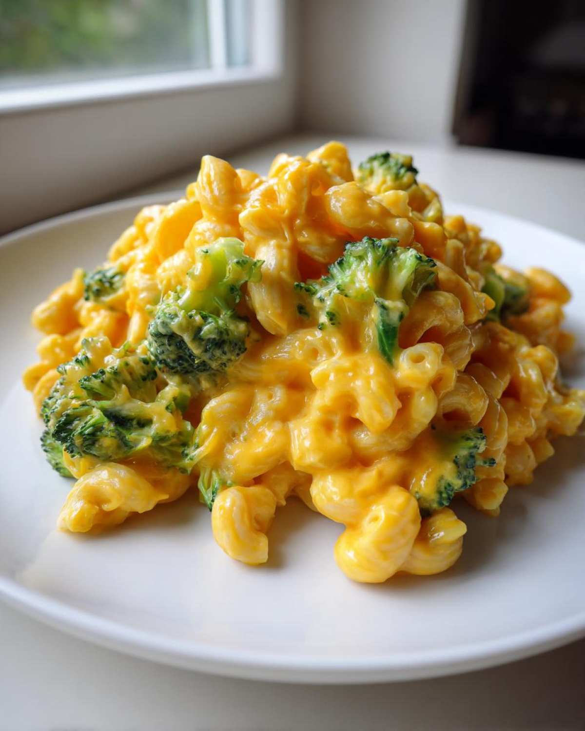 A generous serving of creamy Copycat Café Broccoli Cheddar Mac with bright green broccoli florets on a white plate.