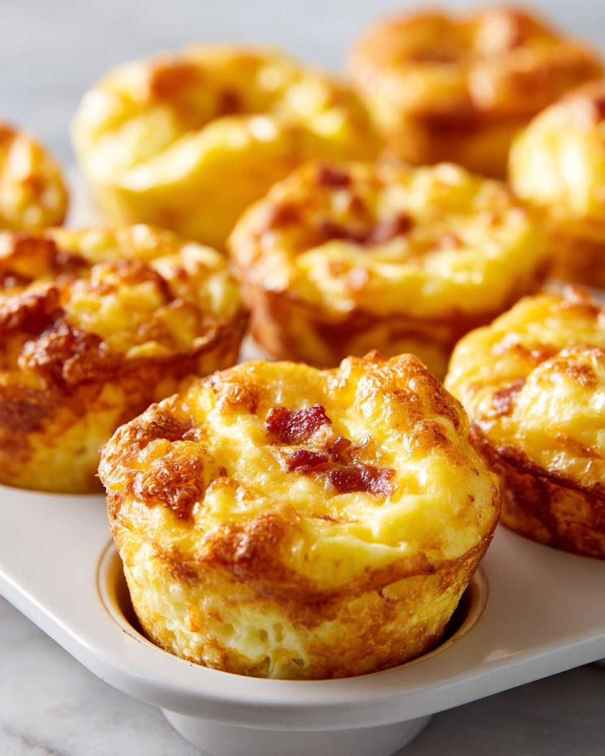 Close-up of freshly baked Copycat Café-Style Bacon Gruyere Egg Bites in a white muffin tin.