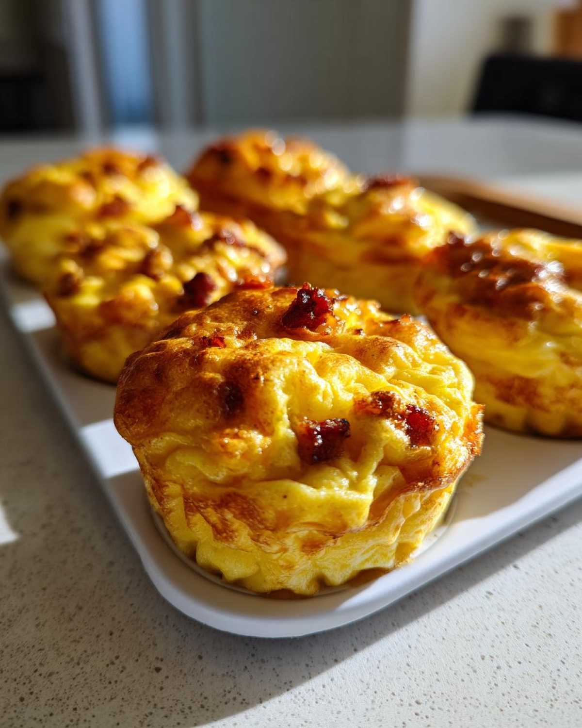 Close-up of freshly baked Copycat Café-Style Bacon Gruyere Egg Bites on a white platter.