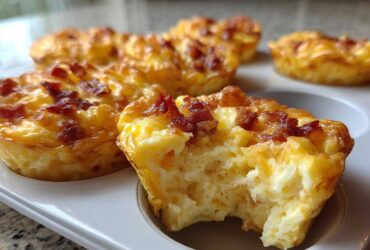 Close-up of Copycat Café-Style Bacon Gruyere Egg Bites in a white muffin tin, one bite has a piece taken out.