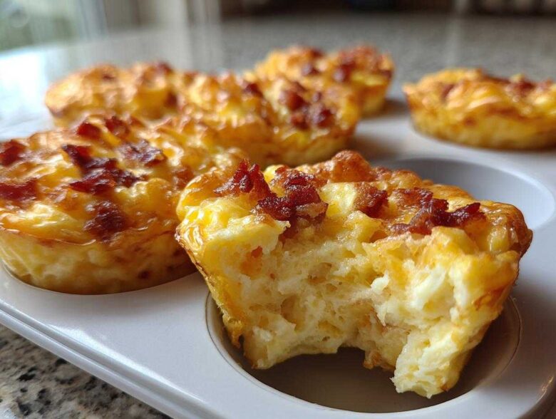 Close-up of Copycat Café-Style Bacon Gruyere Egg Bites in a white muffin tin, one bite has a piece taken out.