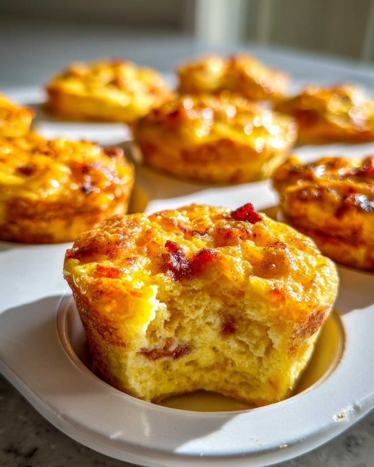 A close-up of a Copycat Café-Style Bacon Gruyere Egg Bite with a bite taken out, showing the fluffy interior.