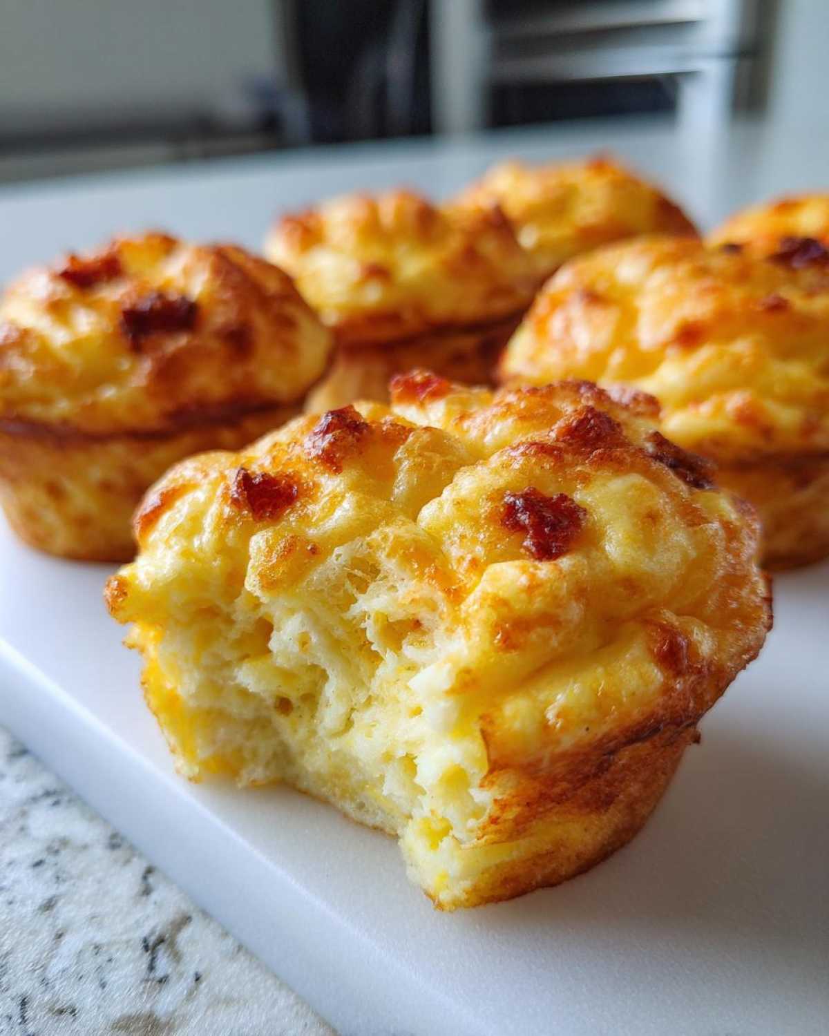 A close-up of a Copycat Café-Style Bacon Gruyere Egg Bite with a bite taken out, showing the fluffy interior.