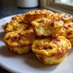 A pile of golden brown Copycat Café-Style Bacon Gruyere Egg Bites on a white plate, one is broken open showing the fluffy interior.
