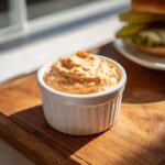 A small white ramekin filled with thick, orange Copycat Classic Burger Spread Sauce sitting on a wooden board.