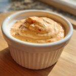 A close-up of creamy, orange-hued Copycat Classic Burger Spread Sauce topped with visible spices in a white fluted ramekin.