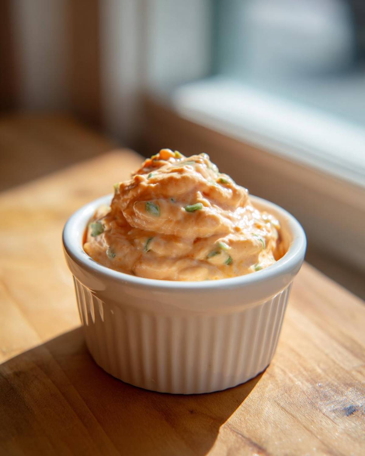 A small white ramekin filled with creamy orange Copycat Classic Burger Spread Sauce mixed with green herbs.