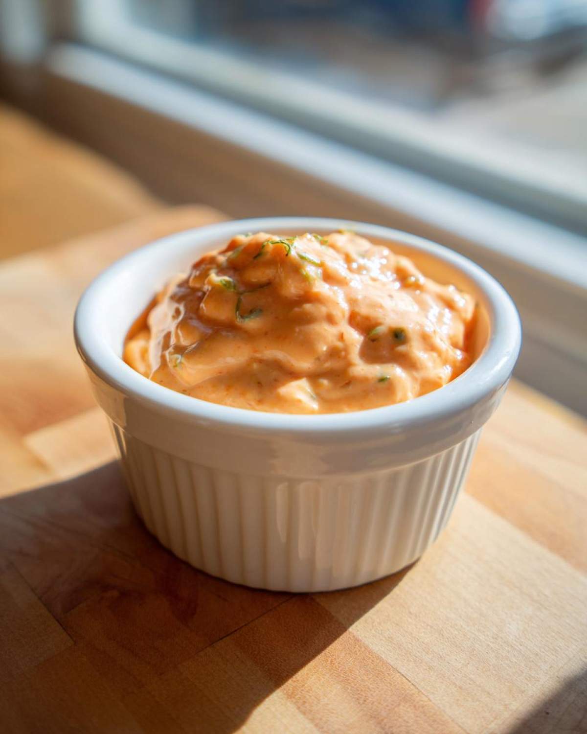 A close-up of thick, orange Copycat Classic Burger Spread Sauce topped with green herbs in a white fluted ramekin.