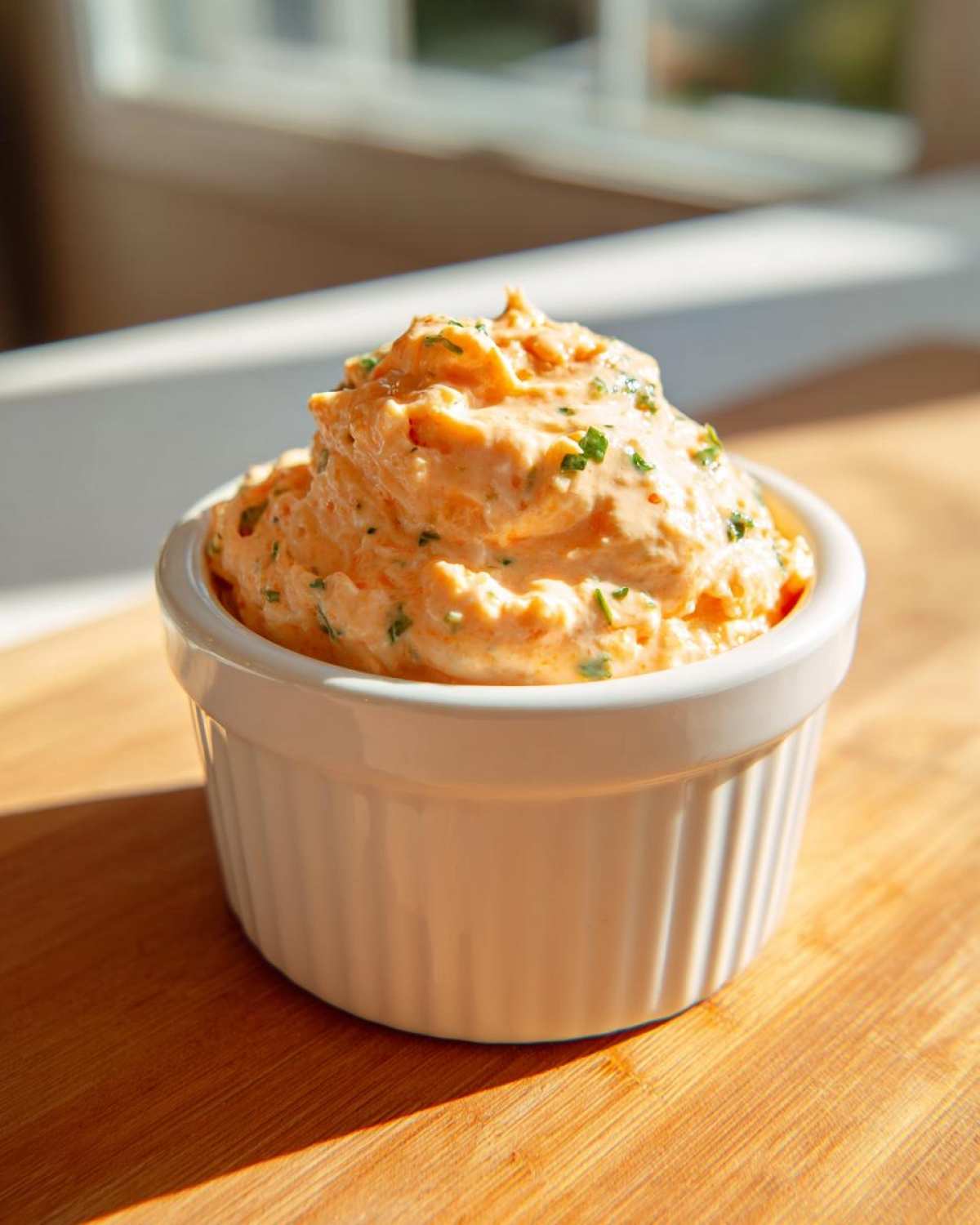 A small white ramekin filled high with creamy, orange-hued Copycat Classic Burger Spread Sauce, garnished with green herbs.