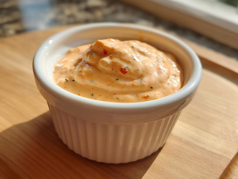 A close-up of creamy, orange-hued Copycat Classic Burger Spread Sauce topped with visible spices in a white fluted ramekin.
