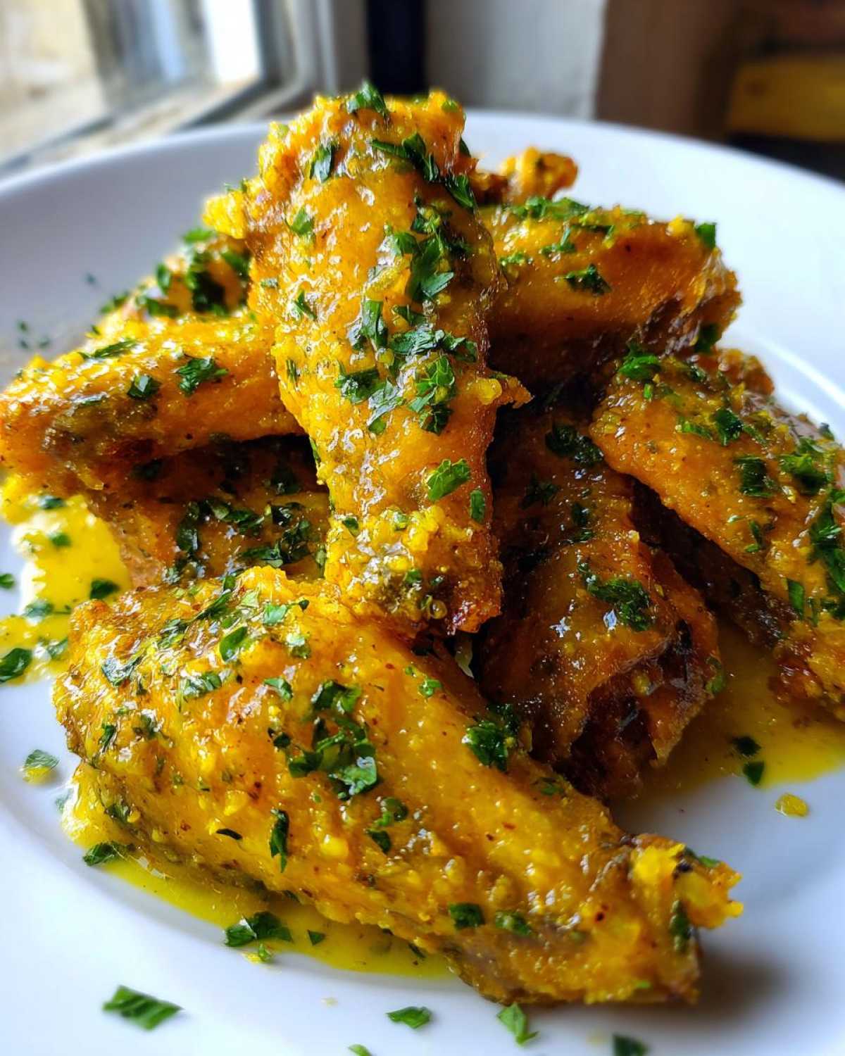 Close-up of crispy chicken wings coated in rich, yellow Copycat Garlic Parmesan Wing Sauce and sprinkled with fresh parsley.