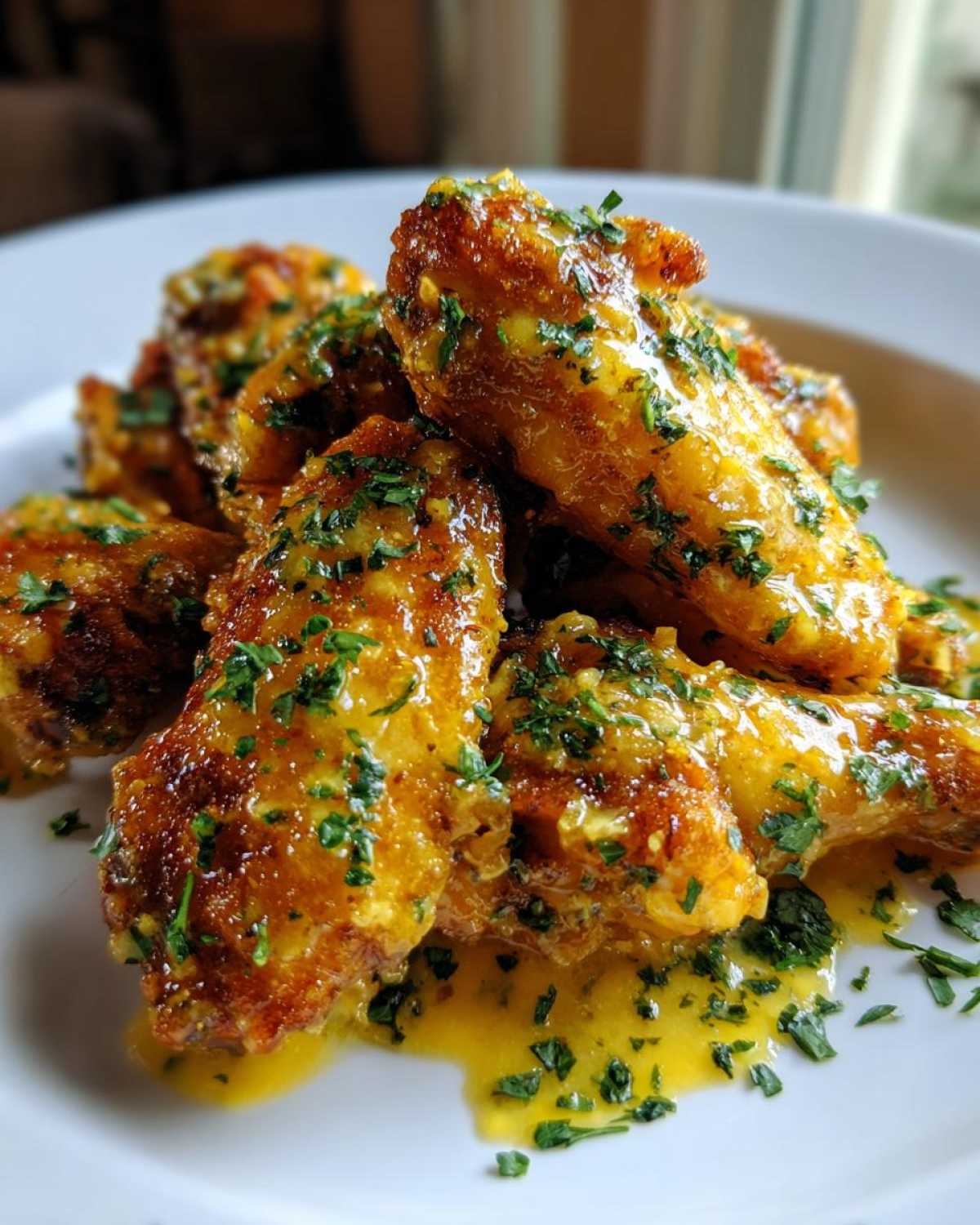 Crispy chicken wings generously coated in a glistening Copycat Garlic Parmesan Wing Sauce and sprinkled with fresh parsley.