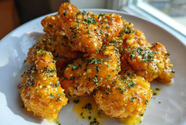 Close-up of crispy chicken wings generously coated in glossy Copycat Garlic Parmesan Wing Sauce and sprinkled with parsley.