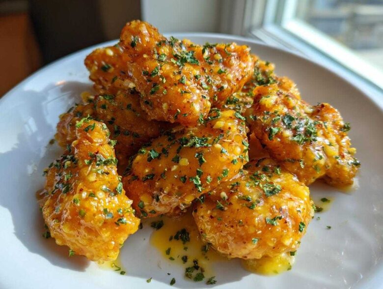 Close-up of crispy chicken wings generously coated in glossy Copycat Garlic Parmesan Wing Sauce and sprinkled with parsley.