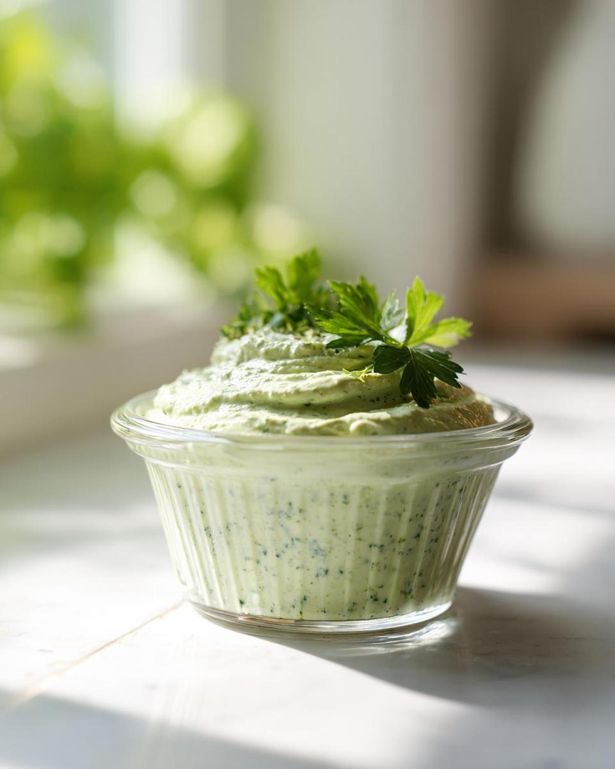 A small glass bowl filled with thick, creamy Copycat Green Goddess Ranch Dressing, garnished with fresh parsley.