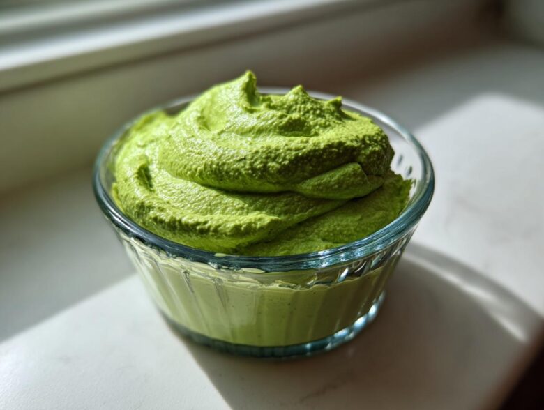 A close-up of thick, vibrant green Copycat Green Goddess Ranch Dressing swirled high in a small, clear glass bowl.
