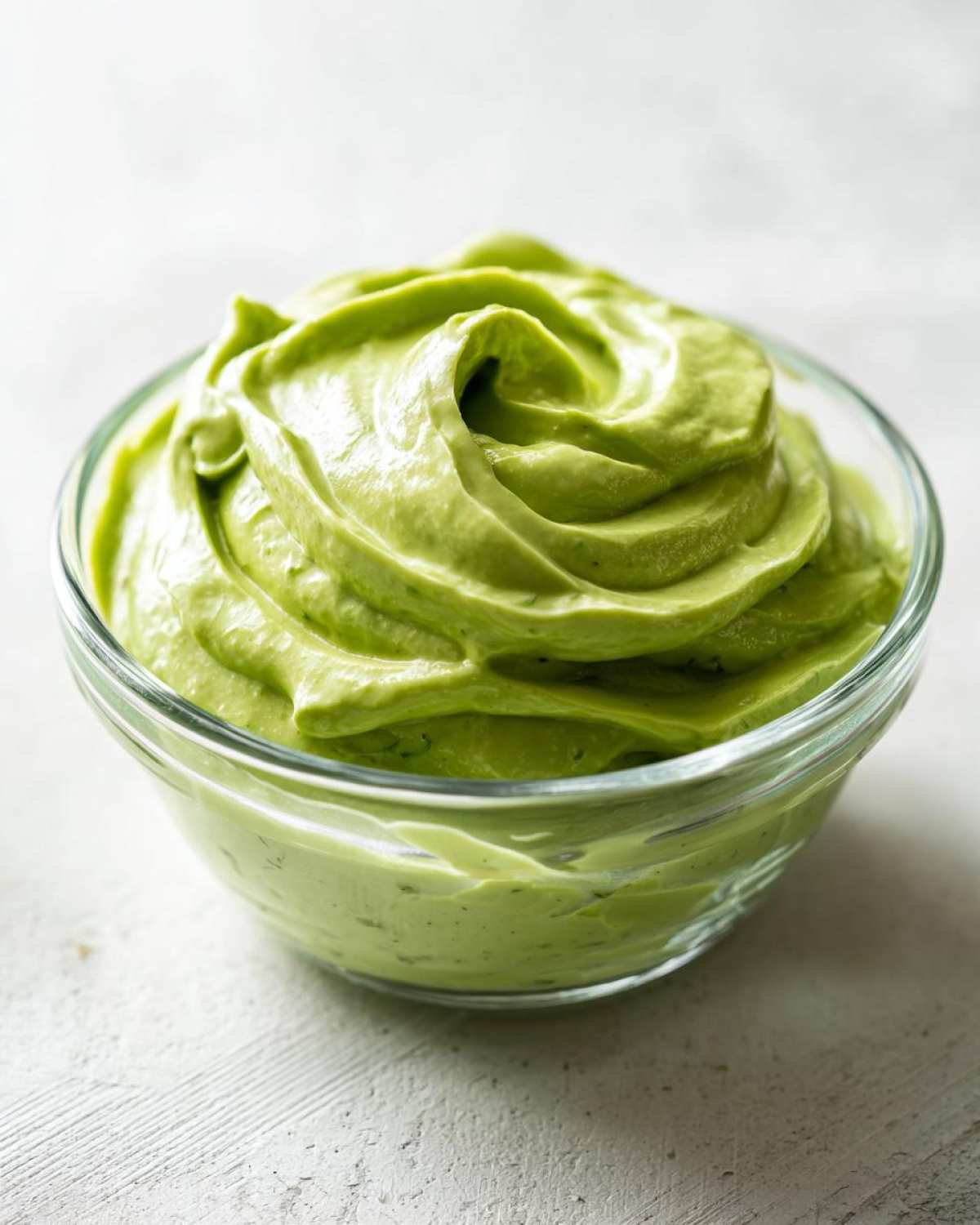 A close-up of thick, vibrant green Copycat Green Goddess Ranch Dressing swirled high in a clear glass bowl.