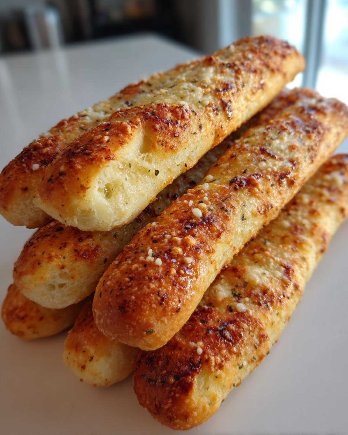 A close-up stack of soft Copycat Italian Restaurant Soft Garlic Breadsticks, golden brown and topped with melted cheese and herbs.