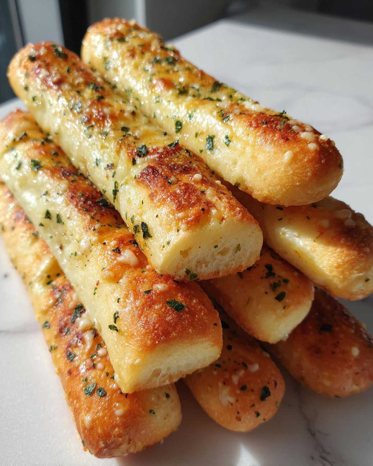 A stack of golden brown Copycat Italian Restaurant Soft Garlic Breadsticks glistening with butter and topped with parsley.