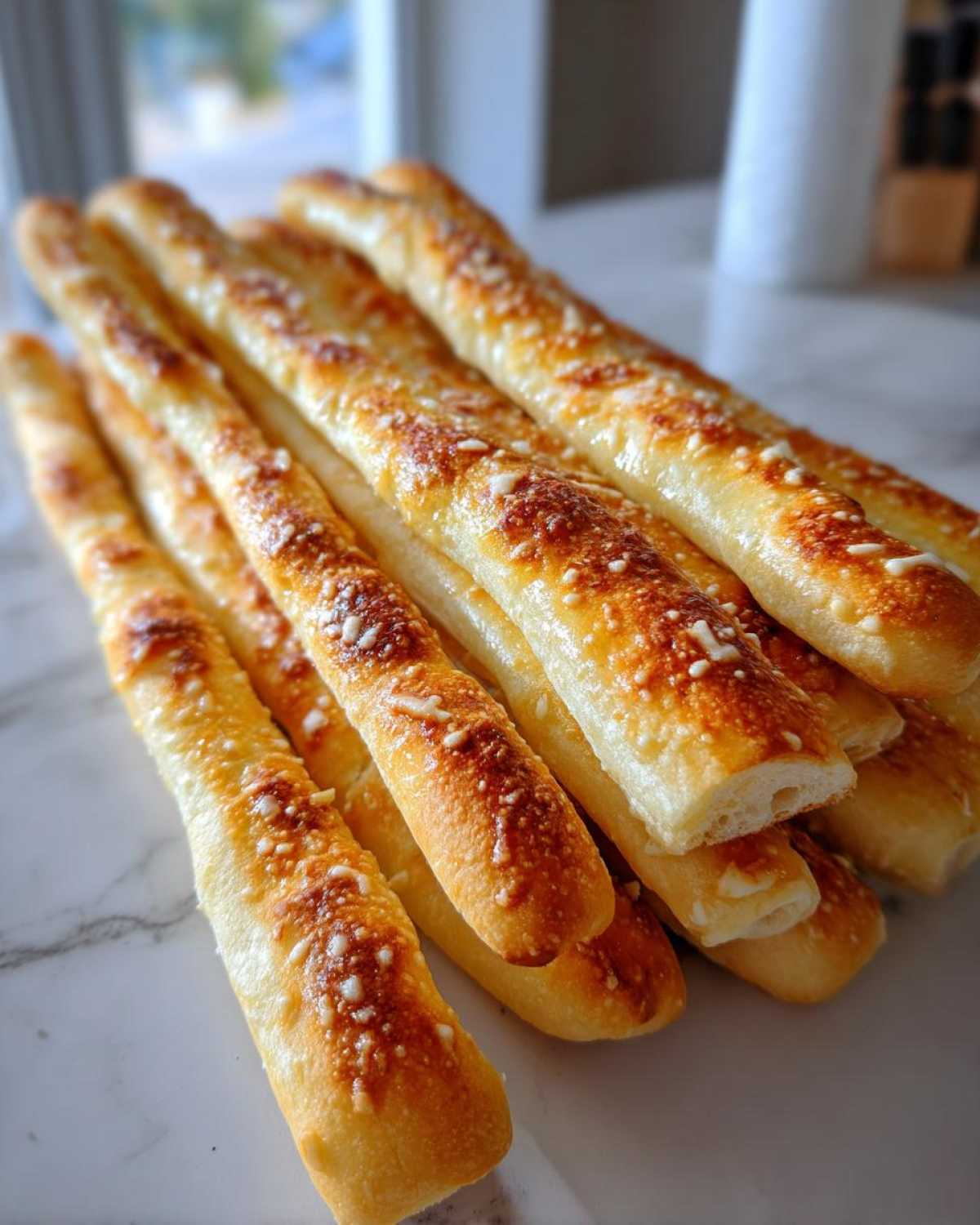 A stack of freshly baked Copycat Italian Restaurant Soft Garlic Breadsticks with a golden, cheesy, garlic butter topping.