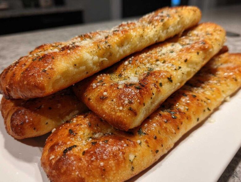 A stack of golden brown Copycat Italian Restaurant Soft Garlic Breadsticks topped with herbs and Parmesan cheese.