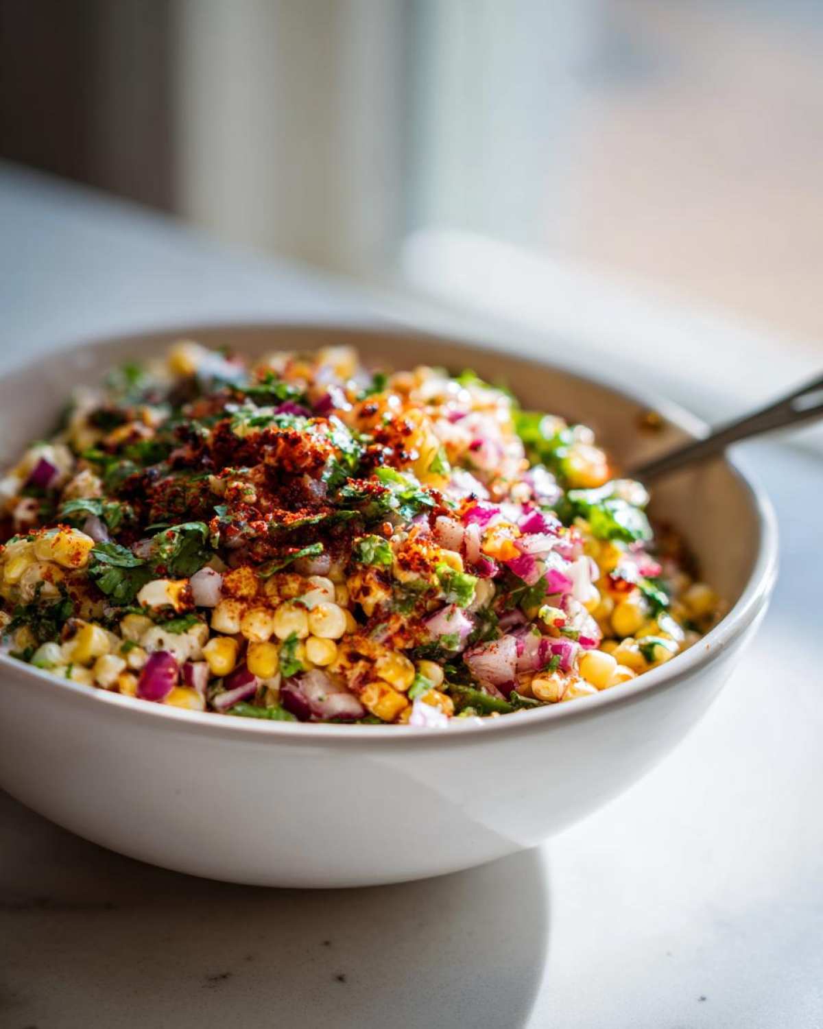 Close-up of a white bowl filled with Copycat Mexican Grill Corn Salsa, featuring charred corn, red onion, cilantro, and chili powder.