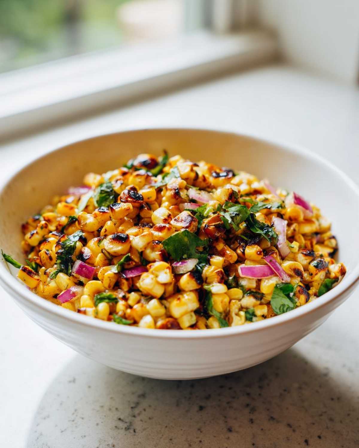 Close-up of a white bowl filled with Copycat Mexican Grill Corn Salsa featuring charred corn, red onion, and cilantro.