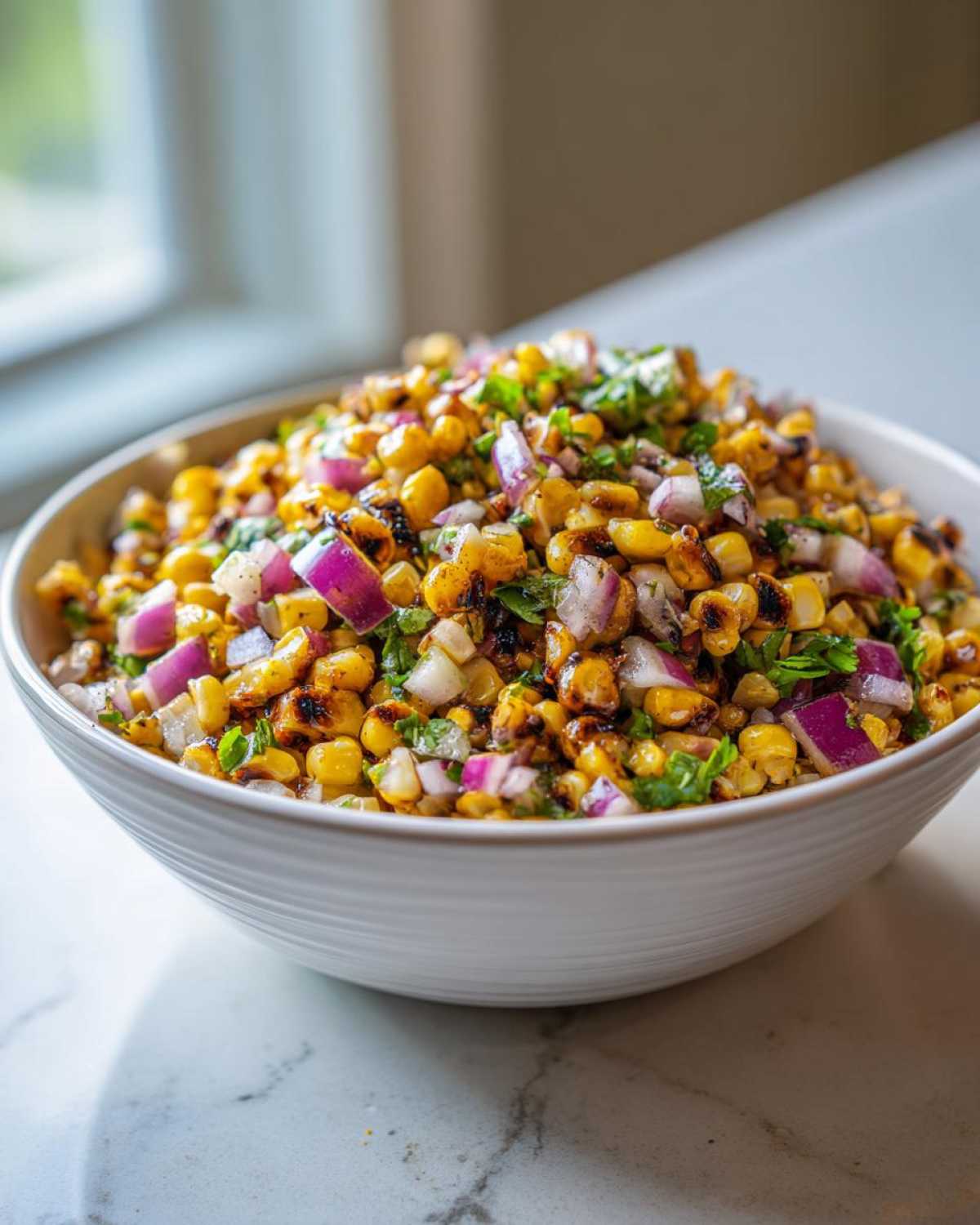 A white bowl filled with vibrant Copycat Mexican Grill Corn Salsa featuring charred corn kernels, diced red onion, and cilantro.