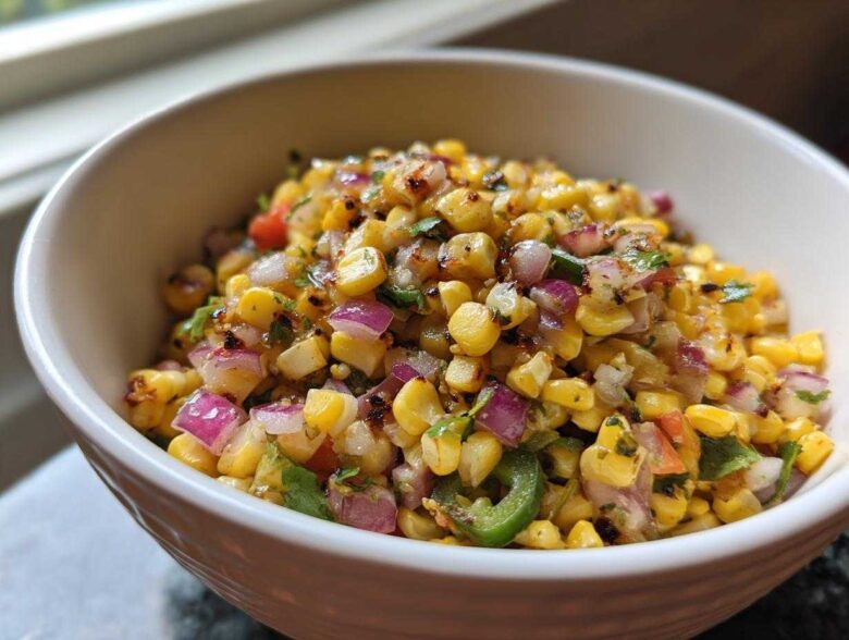 A close-up of vibrant Copycat Mexican Grill Corn Salsa featuring charred corn, red onion, and jalapeño in a white bowl.