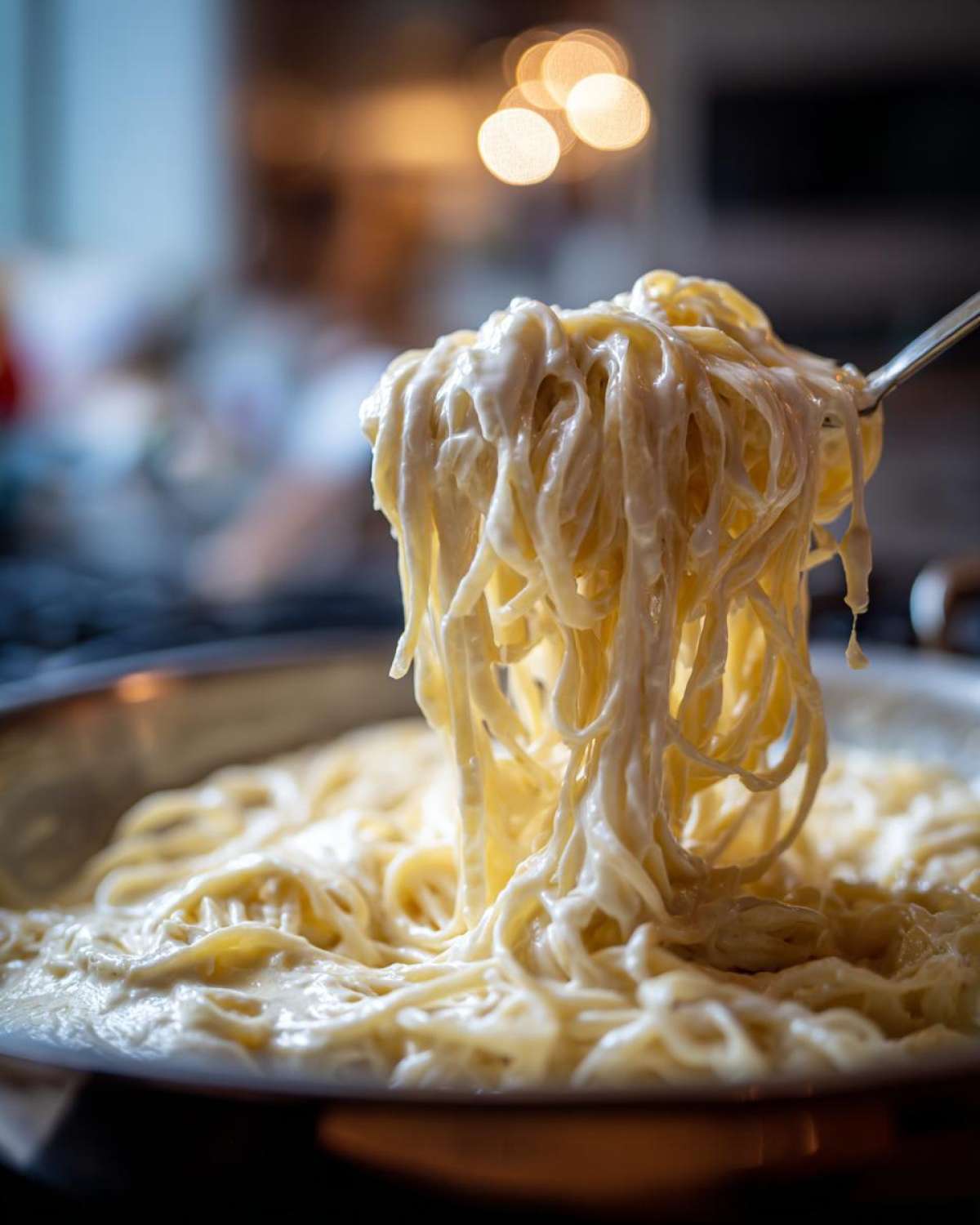 A fork lifts a generous portion of spaghetti heavily coated in creamy Easy Cottage Cheese Alfredo Sauce.