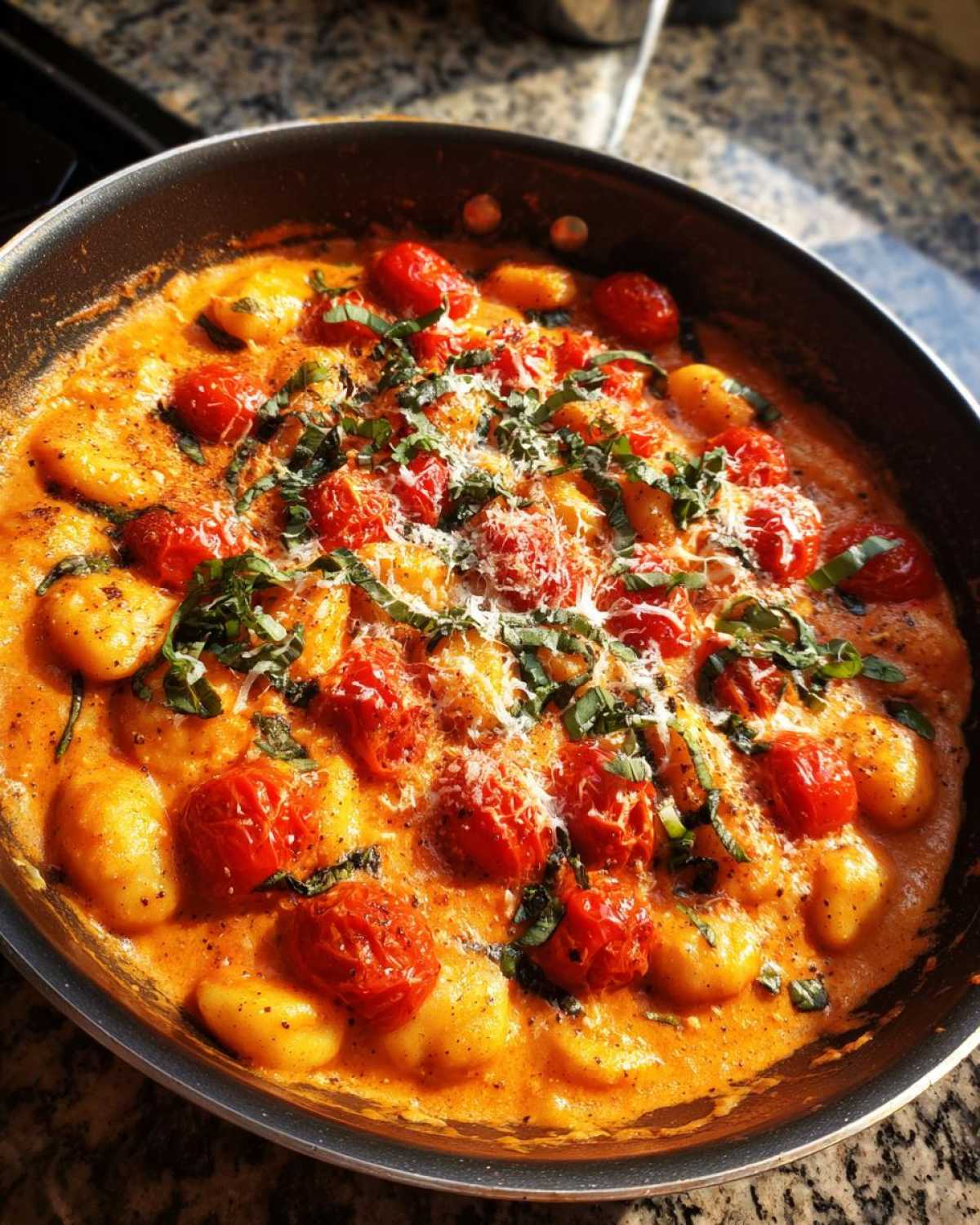 Close-up of Creamy Roasted Garlic Tomato Gnocchi Bake topped with roasted cherry tomatoes, fresh basil, and Parmesan cheese.