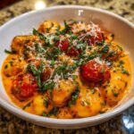 Close-up of a white bowl filled with Creamy Roasted Garlic Tomato Gnocchi Bake, topped with fresh basil and Parmesan.