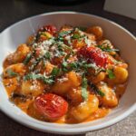A close-up of the Creamy Roasted Garlic Tomato Gnocchi Bake served in a white bowl, topped with Parmesan and basil.