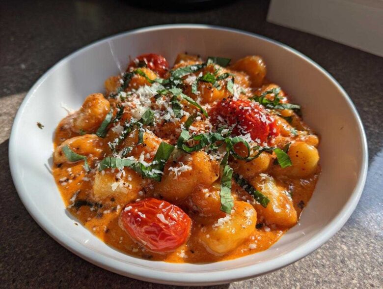 A close-up of the Creamy Roasted Garlic Tomato Gnocchi Bake served in a white bowl, topped with Parmesan and basil.