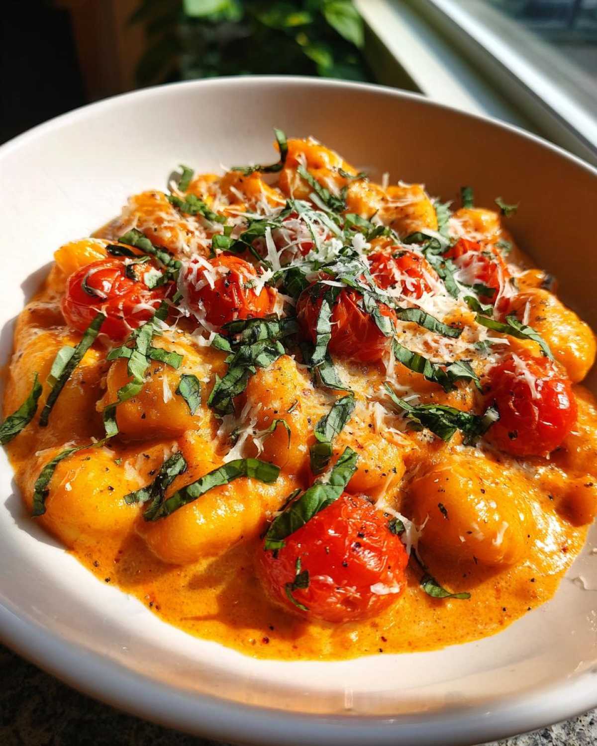 A close-up of a serving of Creamy Roasted Garlic Tomato Gnocchi Bake topped with roasted cherry tomatoes, fresh basil, and grated cheese.