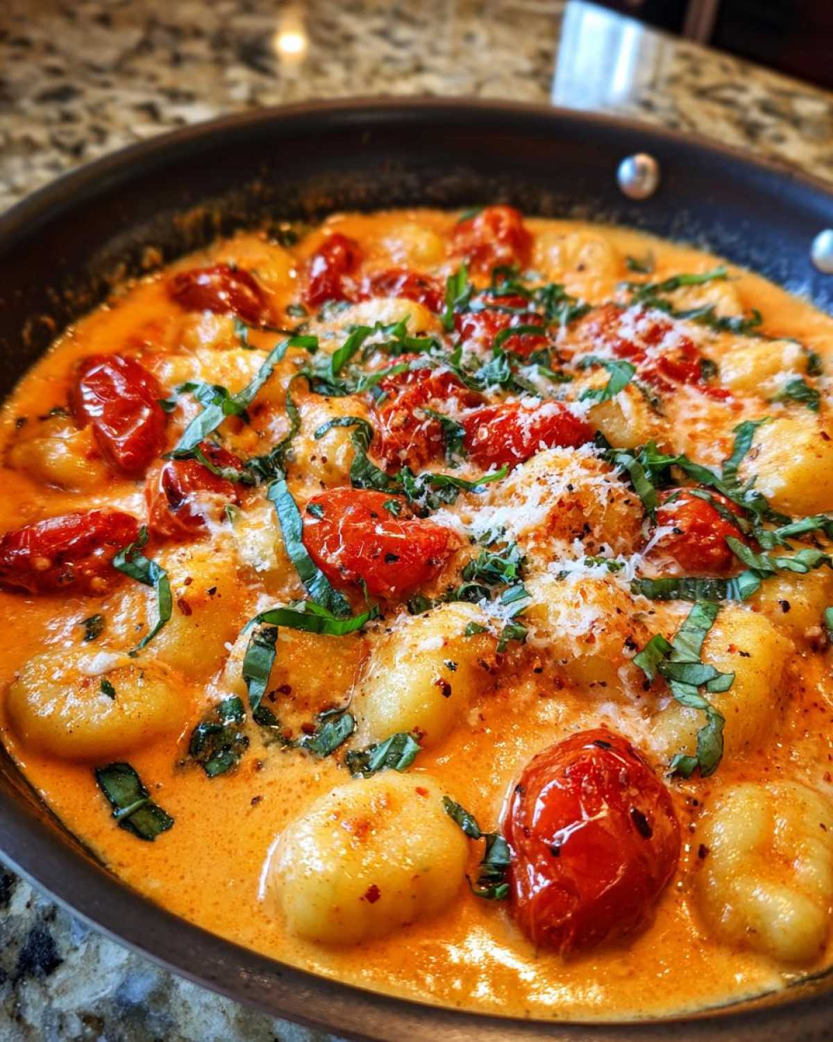 Close-up of Creamy Roasted Garlic Tomato Gnocchi Bake with fresh basil and parmesan in a skillet.