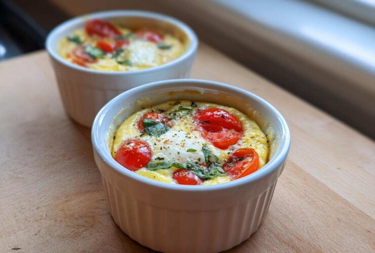 Two servings of Easy 5-Minute Microwave Egg Caprese Cups topped with cherry tomatoes and basil in white ramekins.