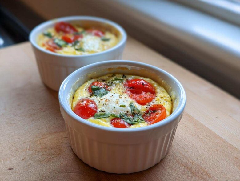 Two servings of Easy 5-Minute Microwave Egg Caprese Cups topped with cherry tomatoes and basil in white ramekins.
