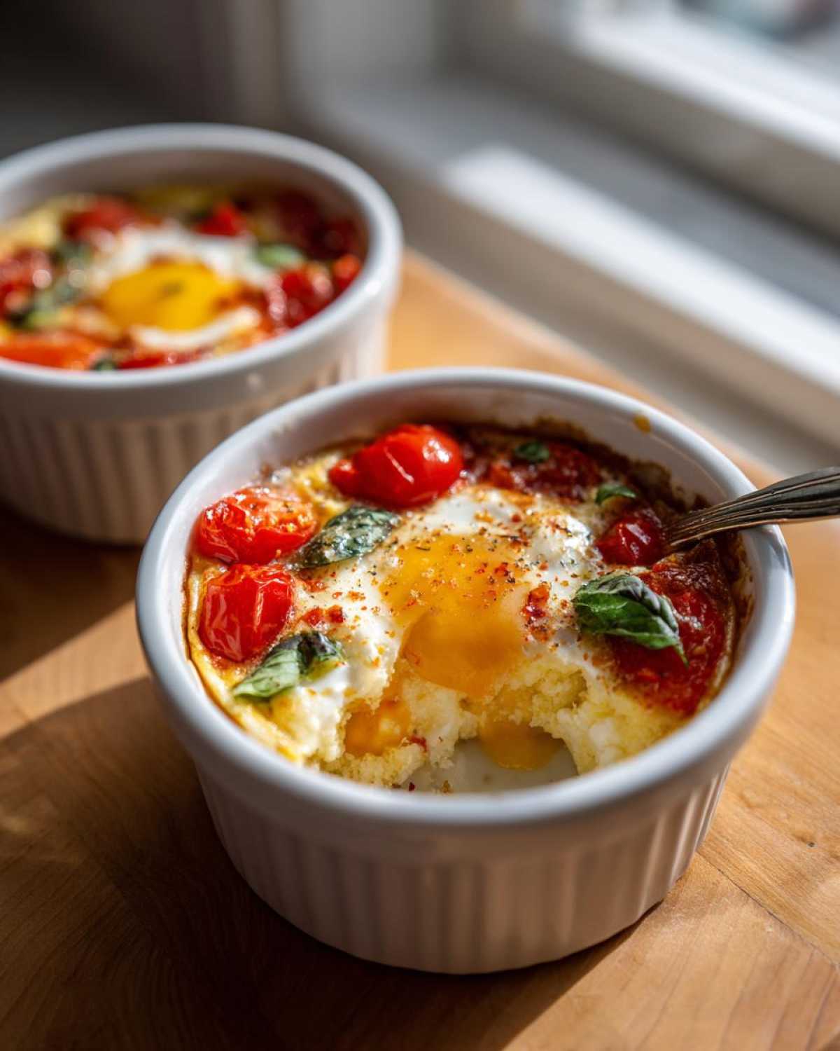 Close-up of a serving of Easy 5-Minute Microwave Egg Caprese Cups with runny yolk and fresh basil.