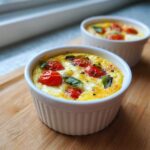 Close-up of an Easy 5-Minute Microwave Egg Caprese Cup topped with roasted cherry tomatoes and fresh basil.