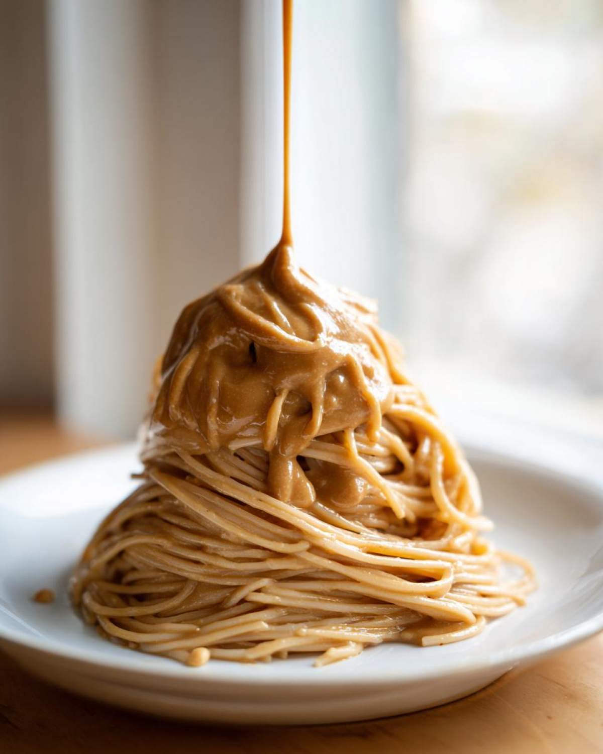 A tall mound of noodles being generously covered by a stream of Easy 5-Minute Peanut Sauce for Noodles.