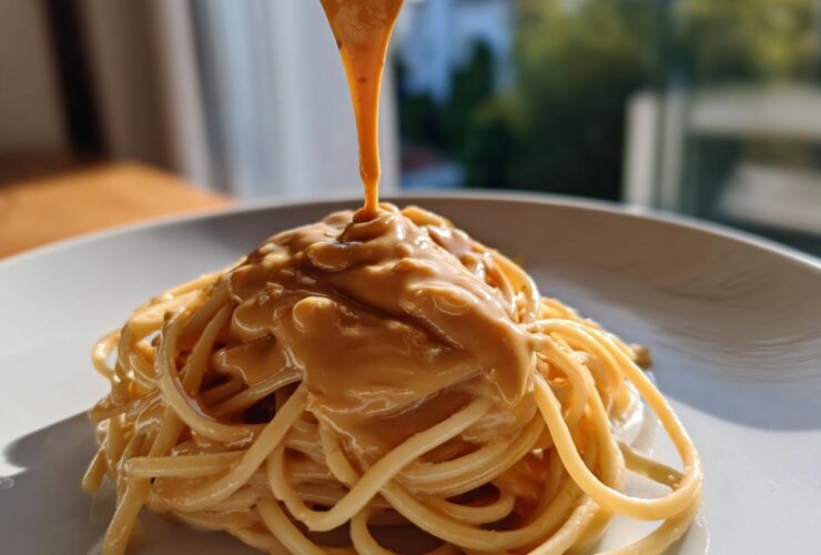 Close-up of thick, creamy Easy 5-Minute Peanut Sauce being poured over a mound of spaghetti noodles on a white plate.
