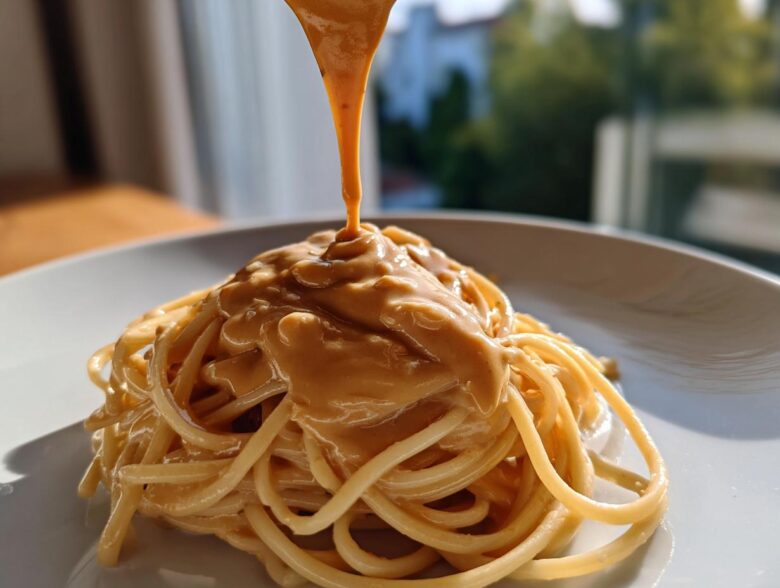 Close-up of thick, creamy Easy 5-Minute Peanut Sauce being poured over a mound of spaghetti noodles on a white plate.