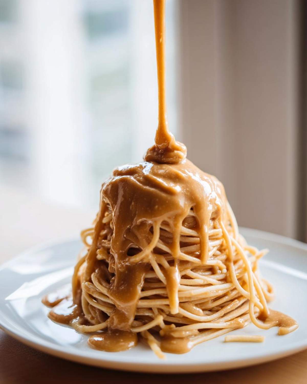 A tall mound of noodles being generously covered with a thick stream of Easy 5-Minute Peanut Sauce for Noodles.
